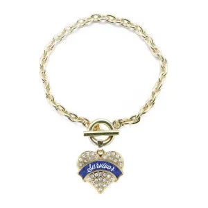 Gold Blue Survivor Pave Heart Charm Toggle Bracelet