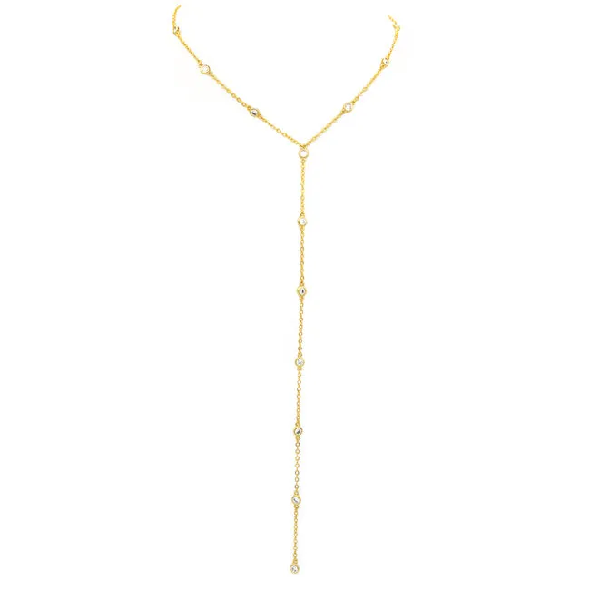 Gold Cubic Zirconia Y Shaped Lariat Necklace