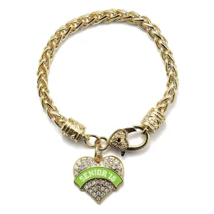 Gold Lime Green Senior 2018 Pave Heart Charm Braided Bracelet