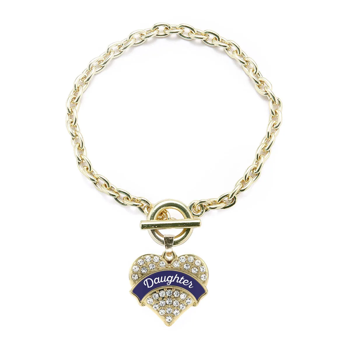 Gold Navy Blue Daughter Pave Heart Charm Toggle Bracelet