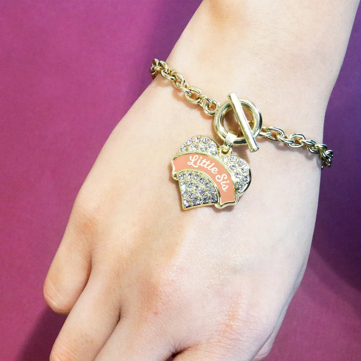 Gold Peach Little Sister Pave Heart Charm Toggle Bracelet