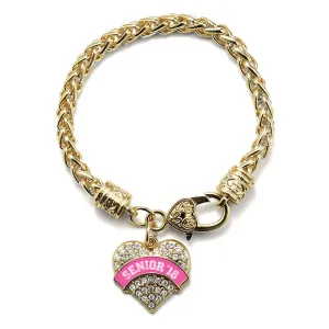 Gold Pink Senior 2018 Pave Heart Charm Braided Bracelet