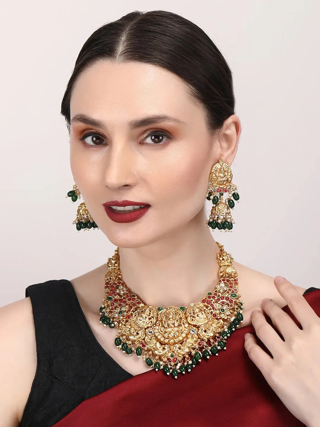 Gold Plated Green Beads Temple Necklace Set With Jhumkas