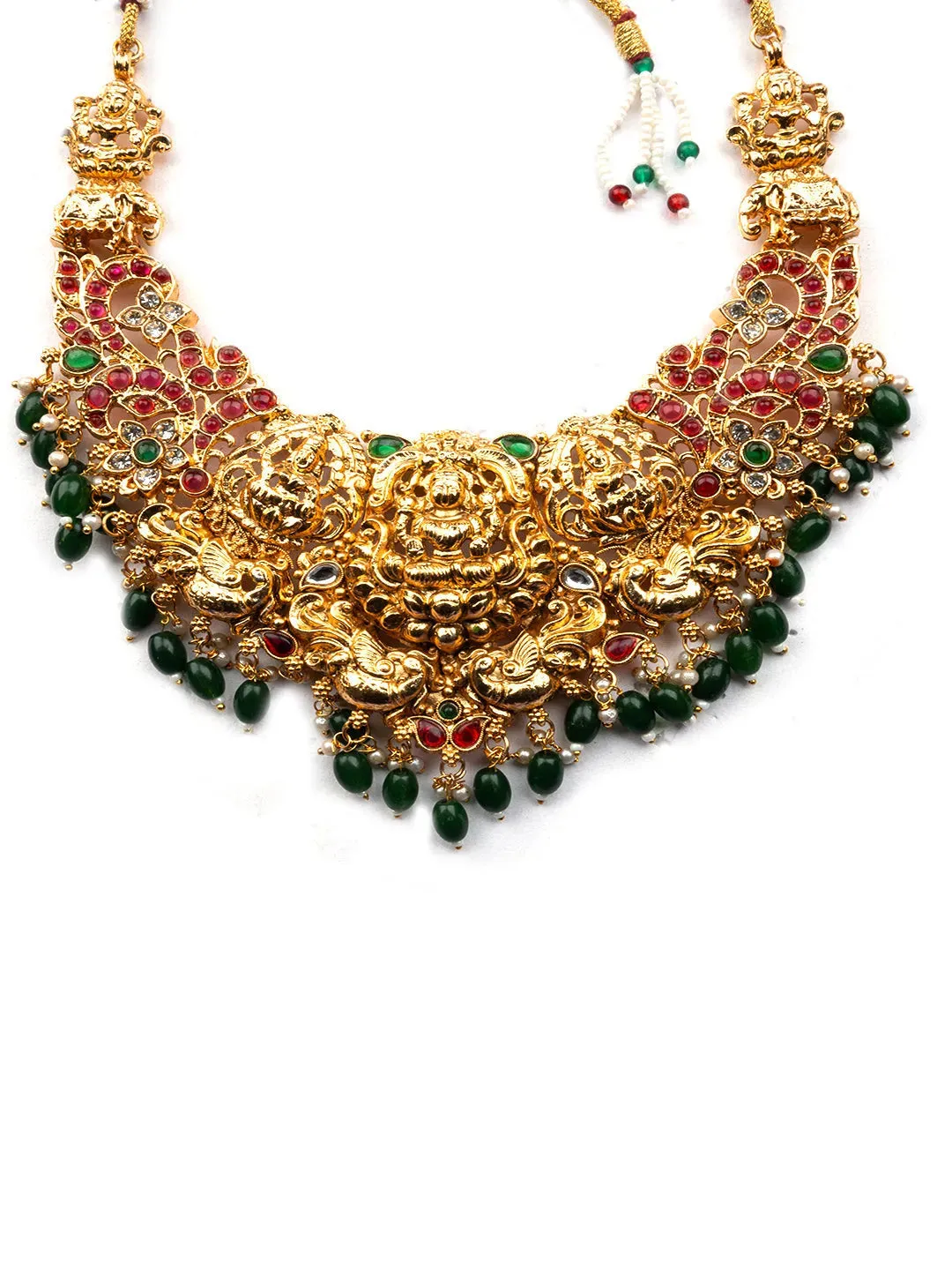 Gold Plated Green Beads Temple Necklace Set With Jhumkas