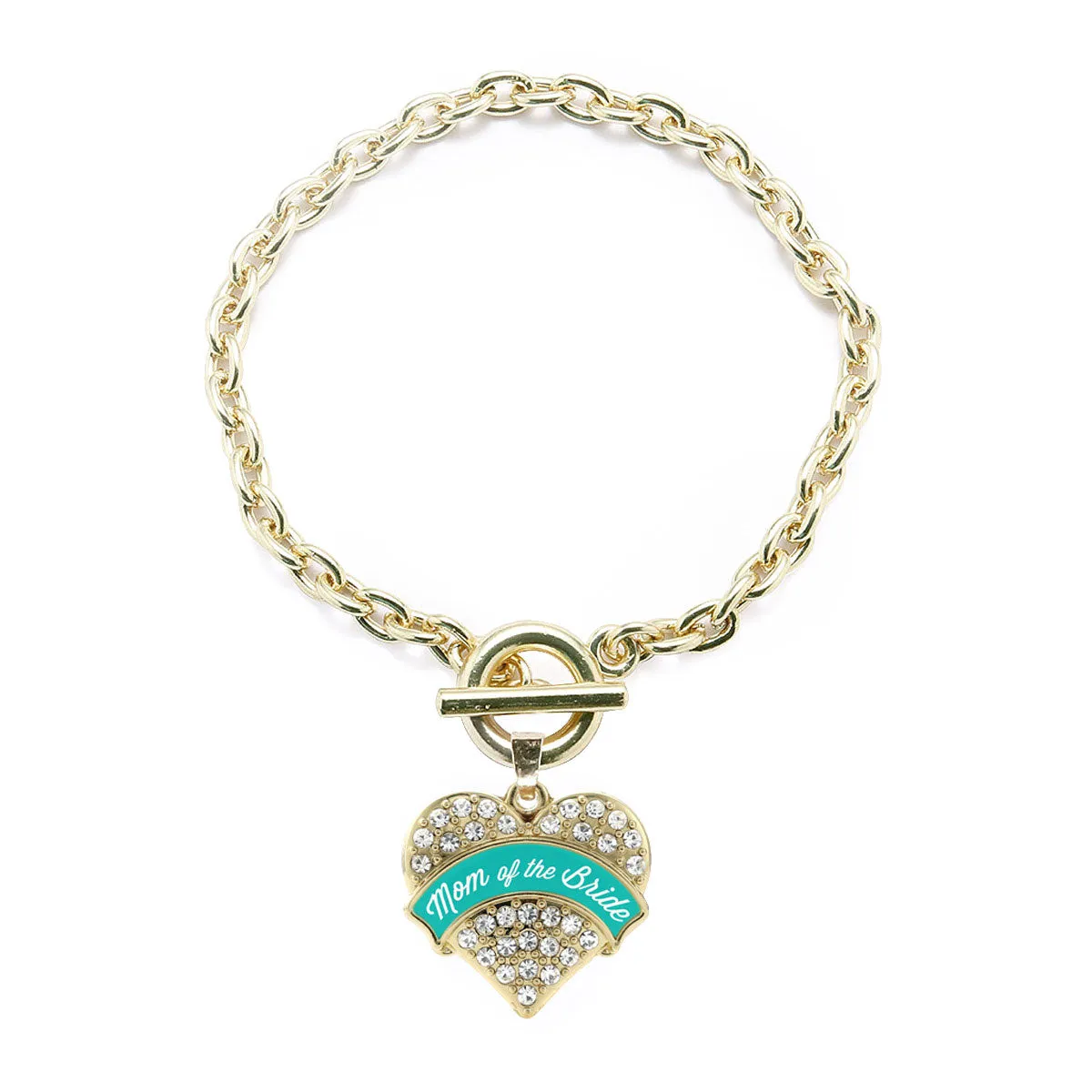 Gold Teal Mom of the Bride Pave Heart Charm Toggle Bracelet