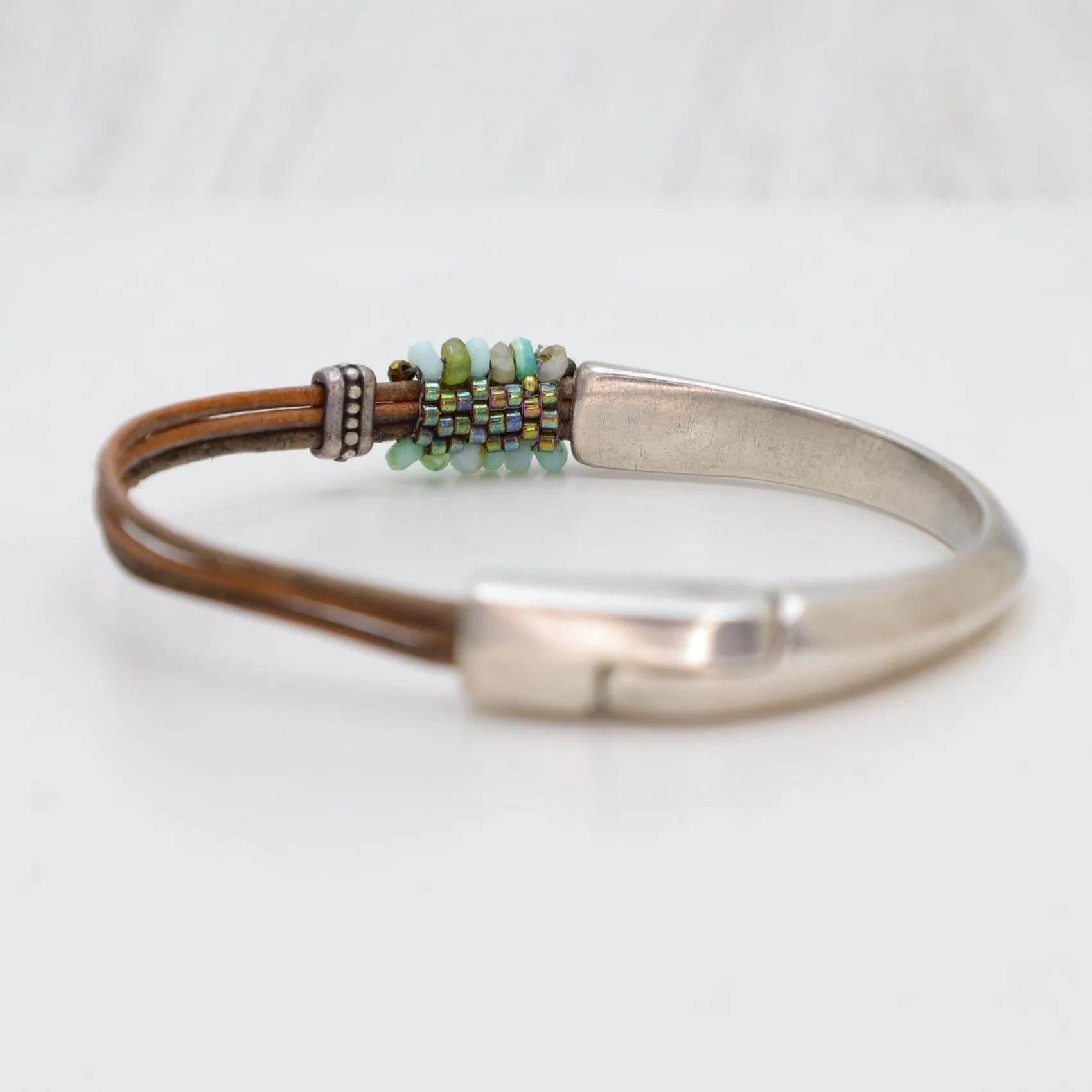 Hand Stitched Peruvian Opal, Pyrite & Cat`s Eye Half Cuff Bracelet