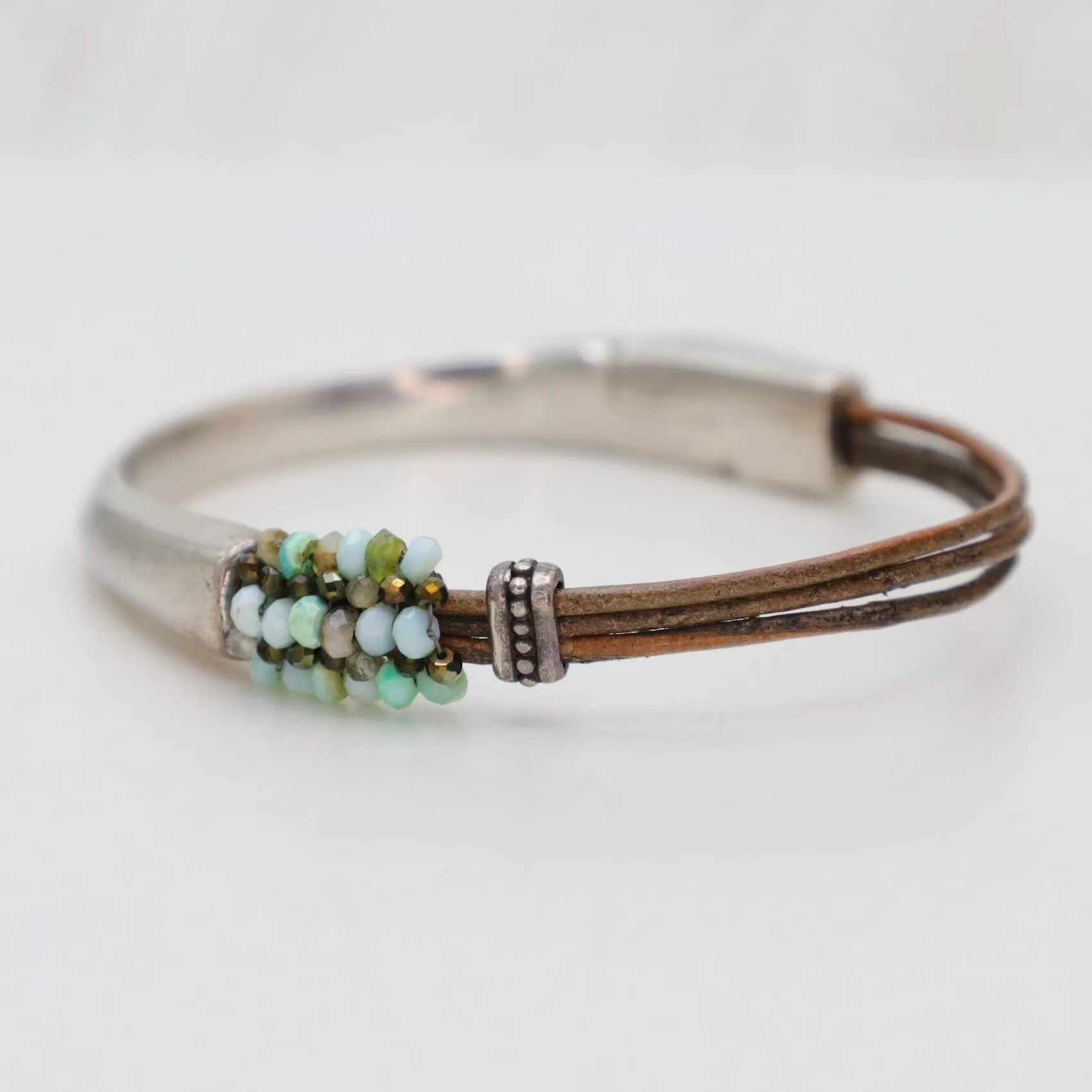 Hand Stitched Peruvian Opal, Pyrite & Cat`s Eye Half Cuff Bracelet