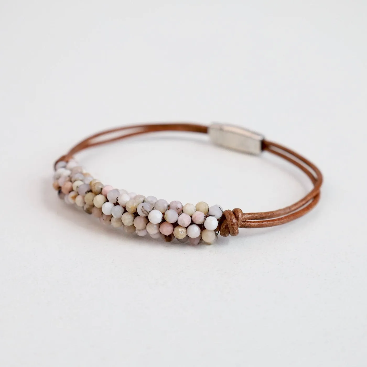 Hand Stitched Pink Opals on 2 Strands of Leather Bracelet