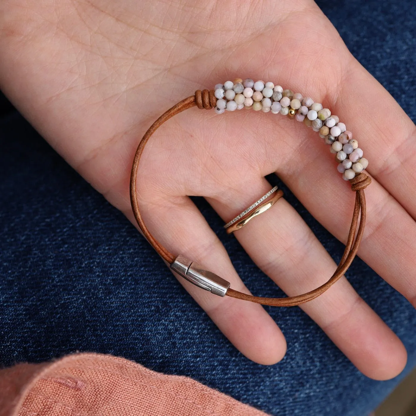 Hand Stitched Pink Opals on 2 Strands of Leather Bracelet