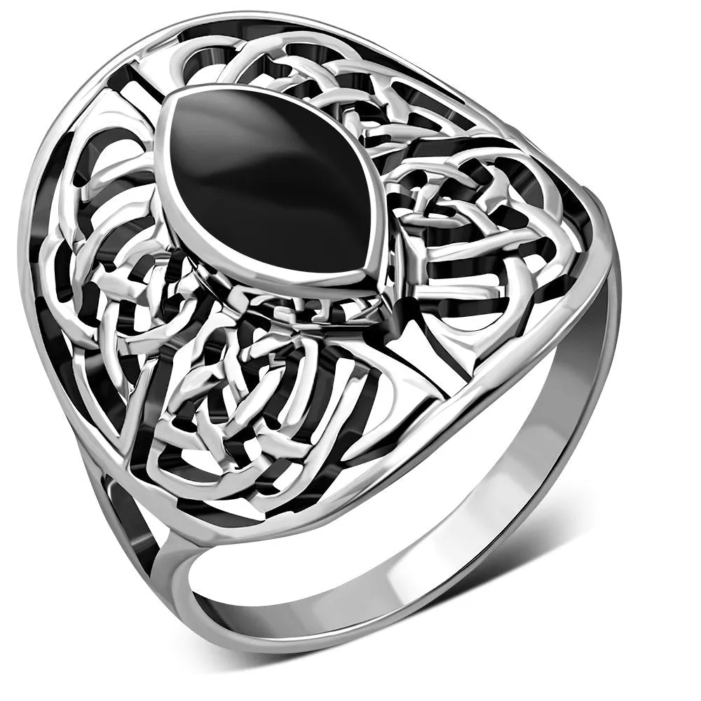 Large Black Onyx Celtic Knot Silver Ring