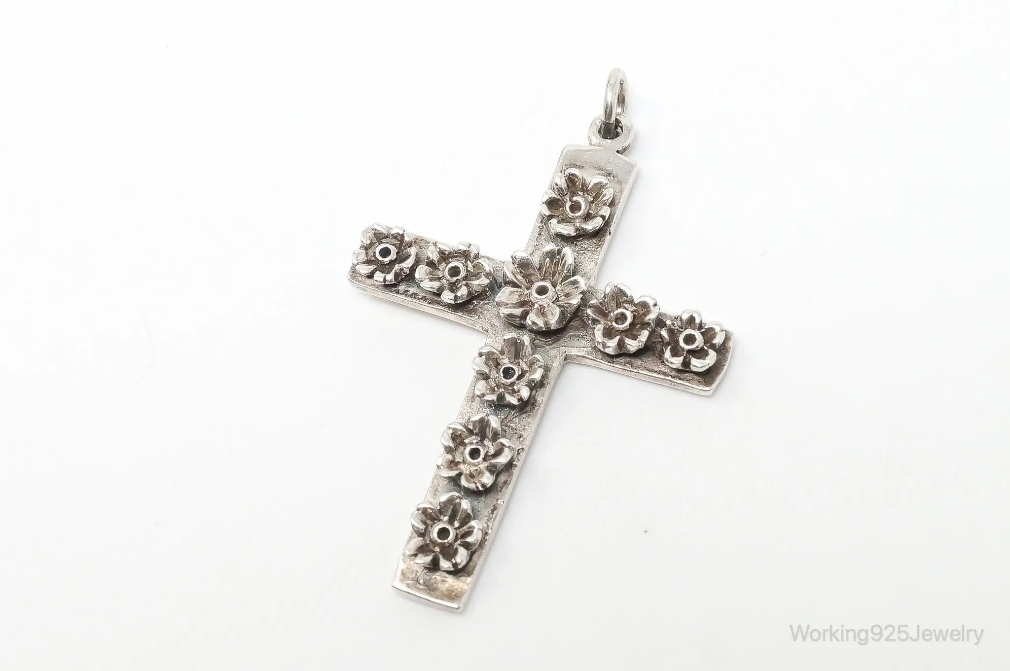 Large Vintage Blooming Flowers Cross Sterling Silver Necklace Pendant