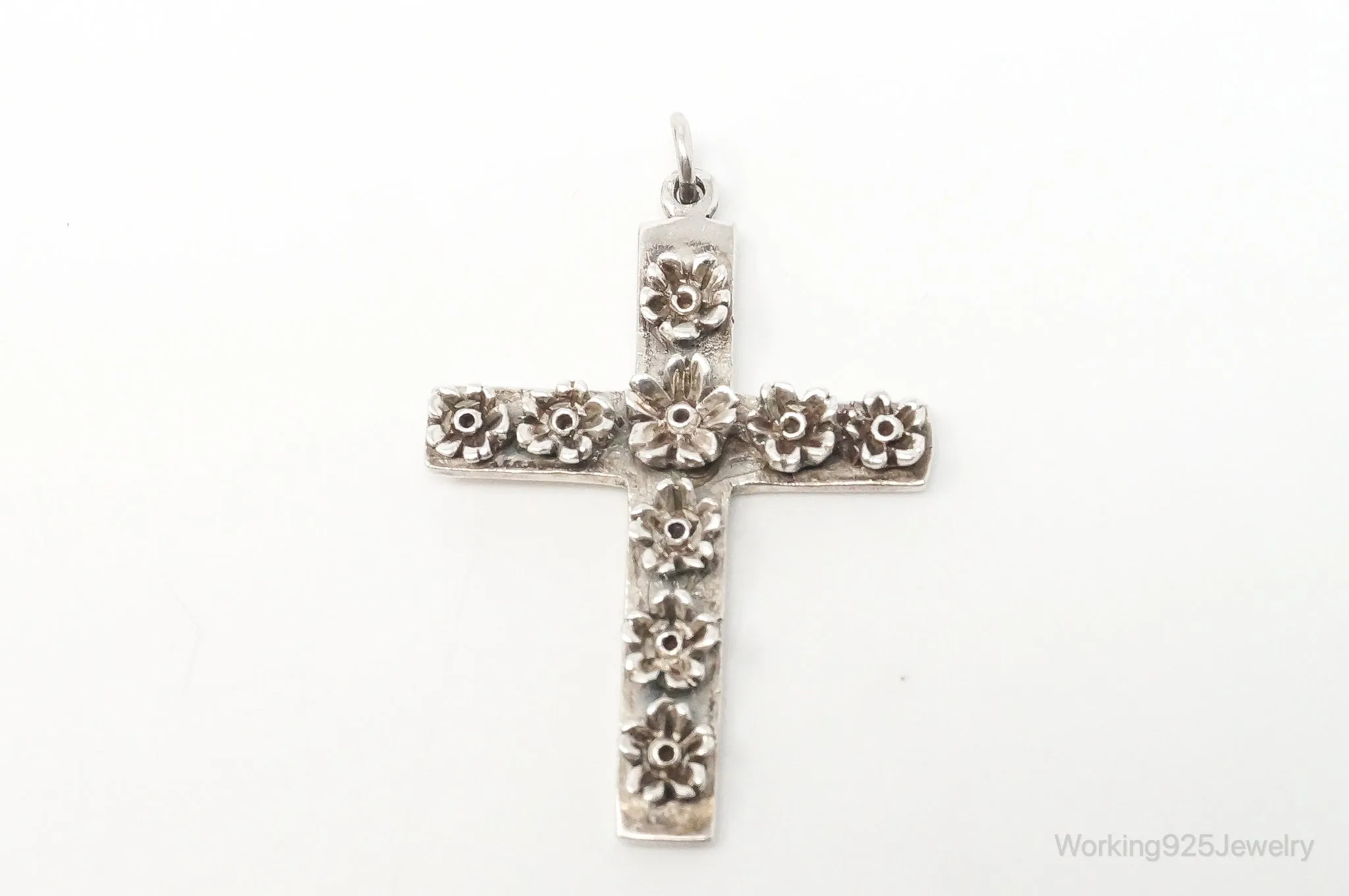 Large Vintage Blooming Flowers Cross Sterling Silver Necklace Pendant