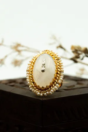 Moonstone & Pearl Gold Finish Ring In Sterling Silver