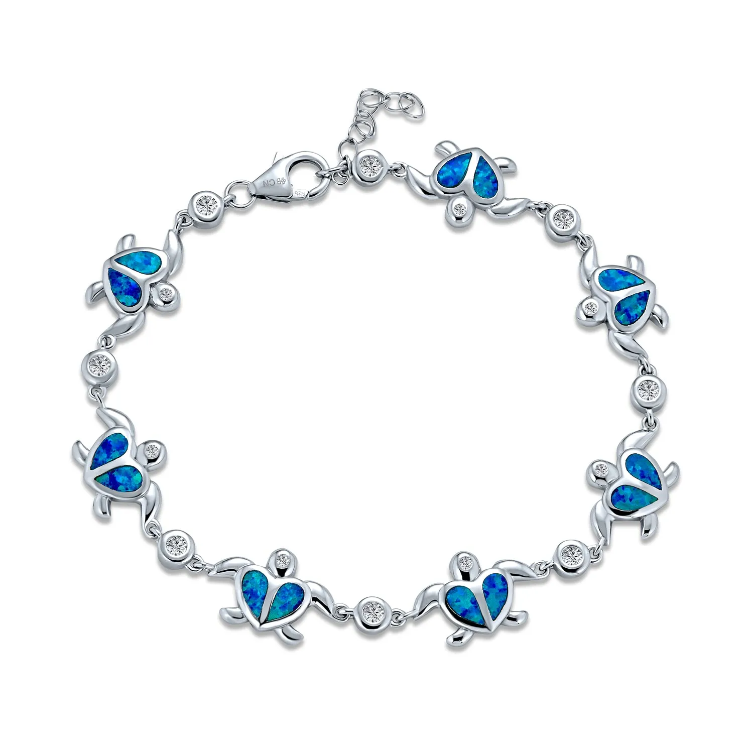 Nautical Chain Link Bracelet with Opal Sea Tortoise & CZ Heart Charms in Silver