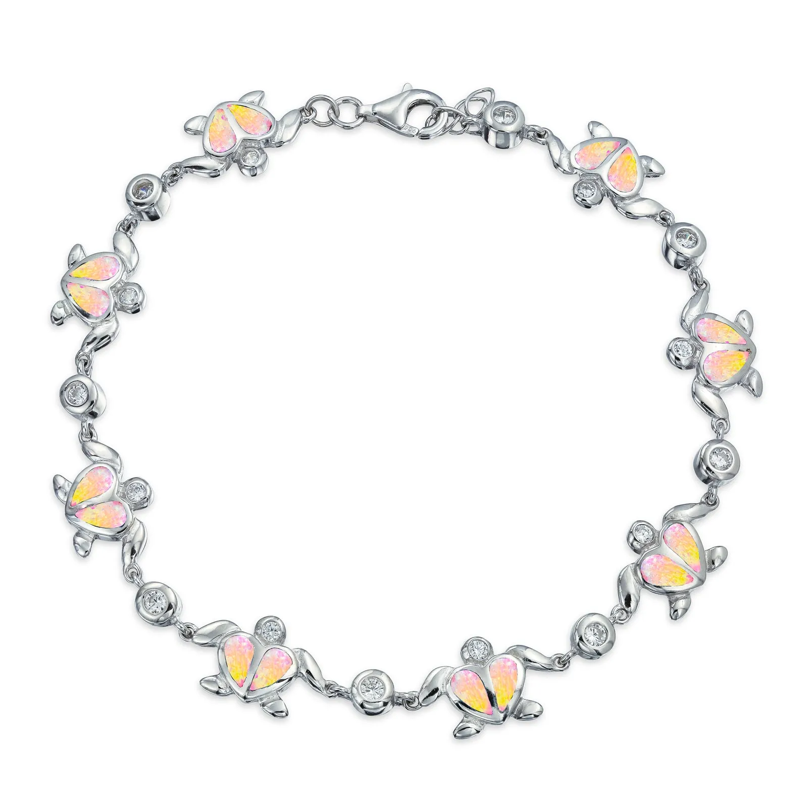 Nautical Chain Link Bracelet with Opal Sea Tortoise & CZ Heart Charms in Silver