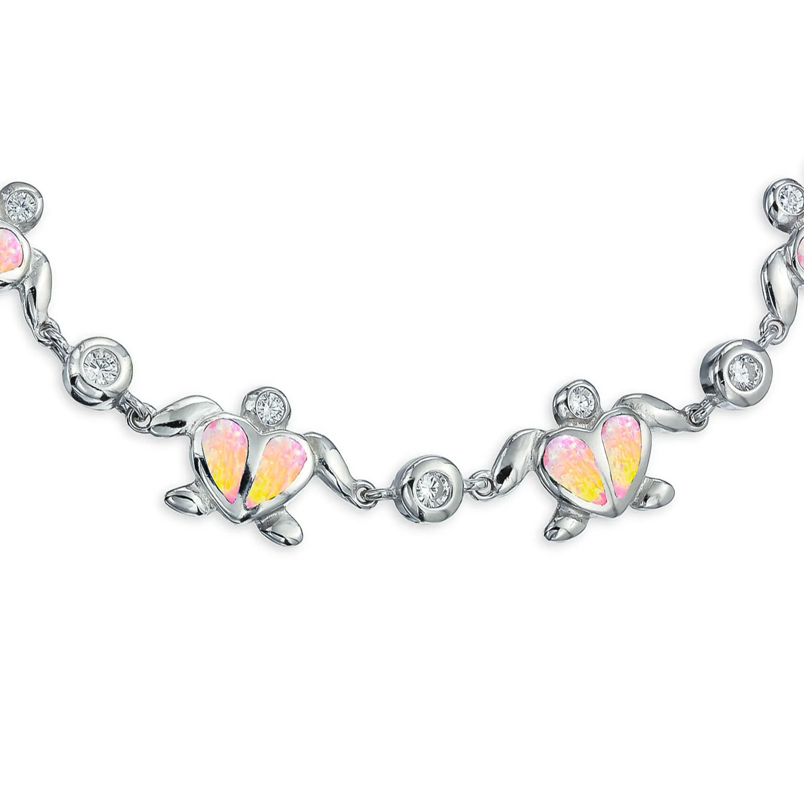 Nautical Chain Link Bracelet with Opal Sea Tortoise & CZ Heart Charms in Silver