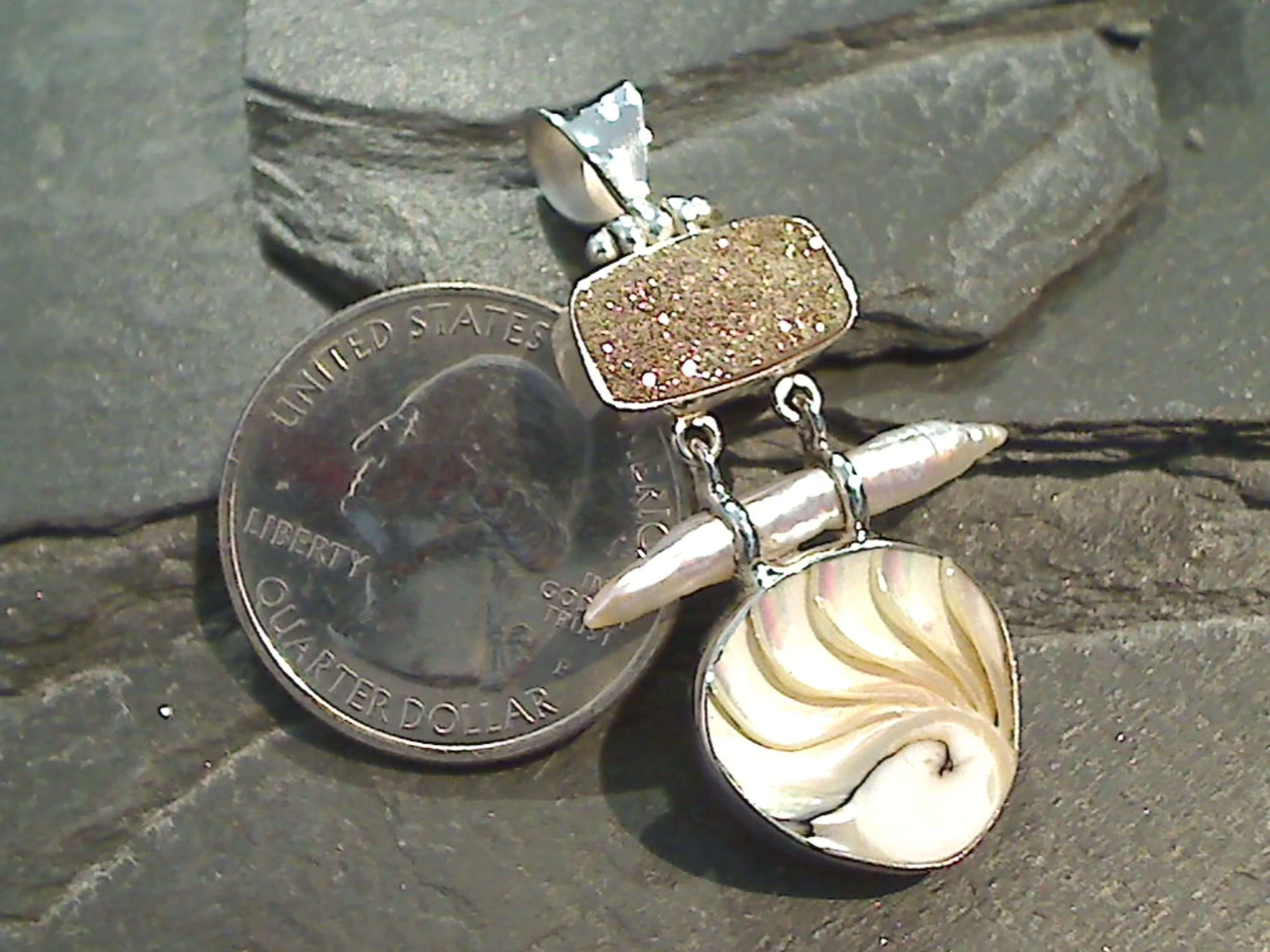 Nautilus Shell, Druzy, Biwa Pearl, Sterling Silver Pendant