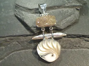 Nautilus Shell, Druzy, Biwa Pearl, Sterling Silver Pendant