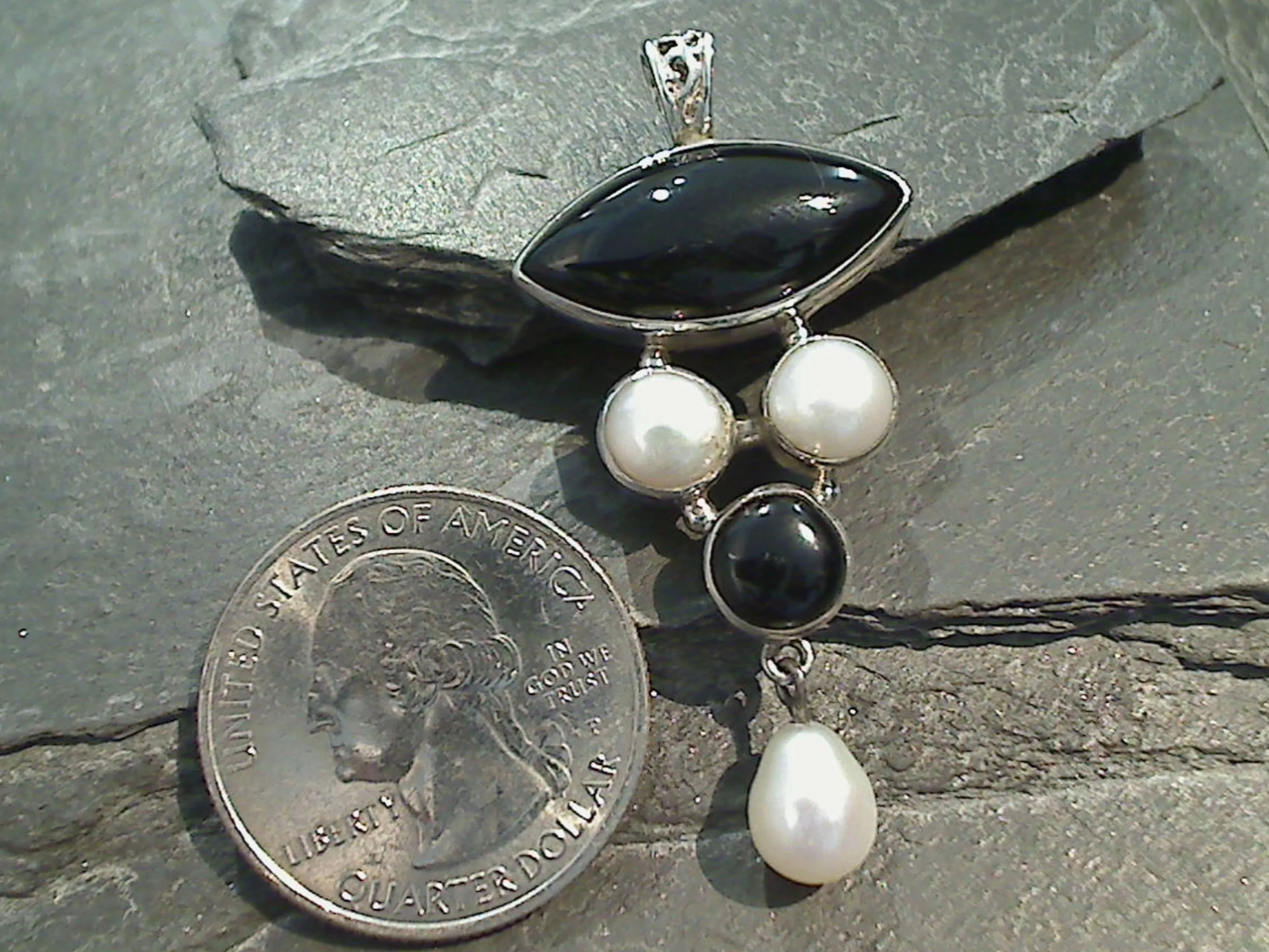 Onyx, Pearl, Sterling Silver Pendant