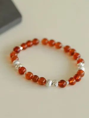 Orange Red Garnet Cat's Eye Silver Beaded Bracelets