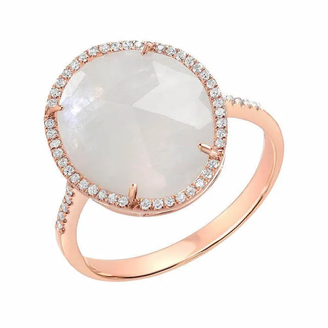 Organic Shape Rose Cut Rainbow Moonstone and Diamond Ring