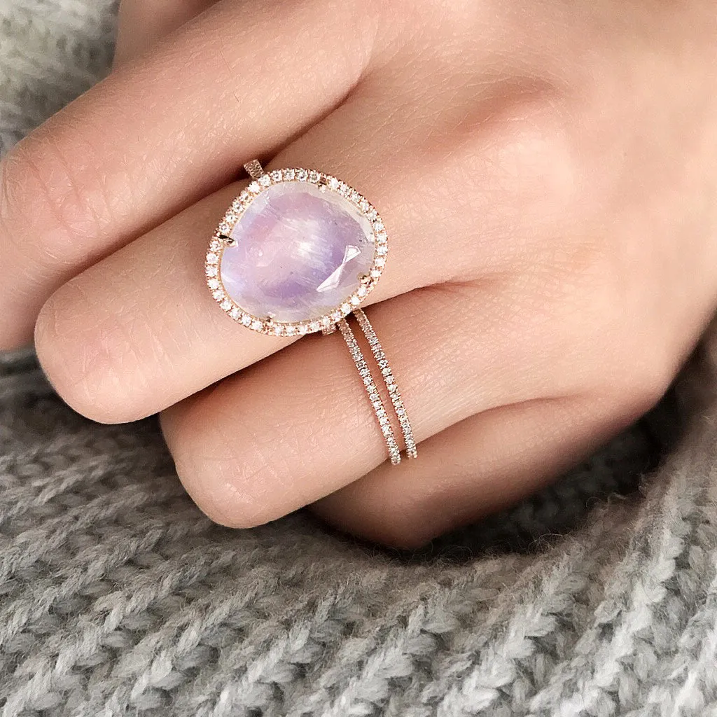 Organic Shape Rose Cut Rainbow Moonstone and Diamond Ring