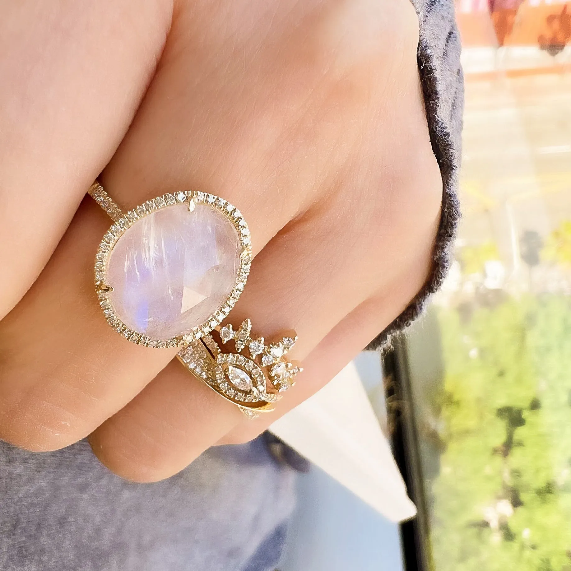 Organic Shape Rose Cut Rainbow Moonstone and Diamond Ring