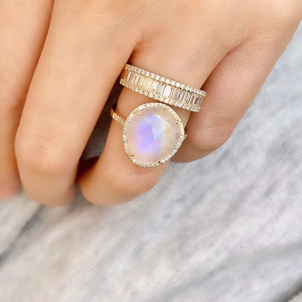 Organic Shape Rose Cut Rainbow Moonstone and Diamond Ring