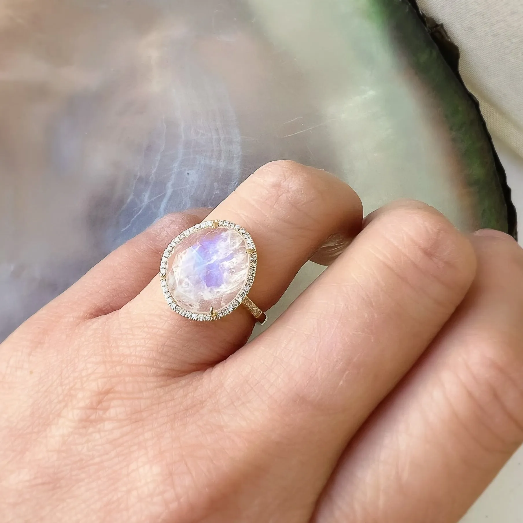 Organic Shape Rose Cut Rainbow Moonstone and Diamond Ring