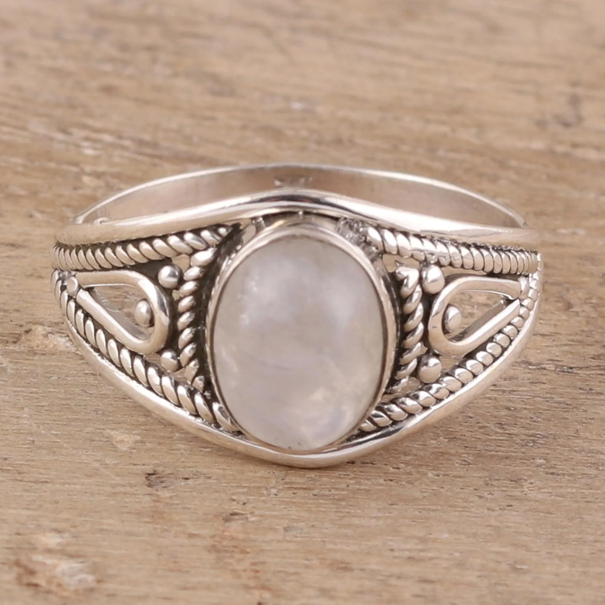 Oval Rainbow Moonstone Cocktail Ring from India - Gleaming Appeal | NOVICA