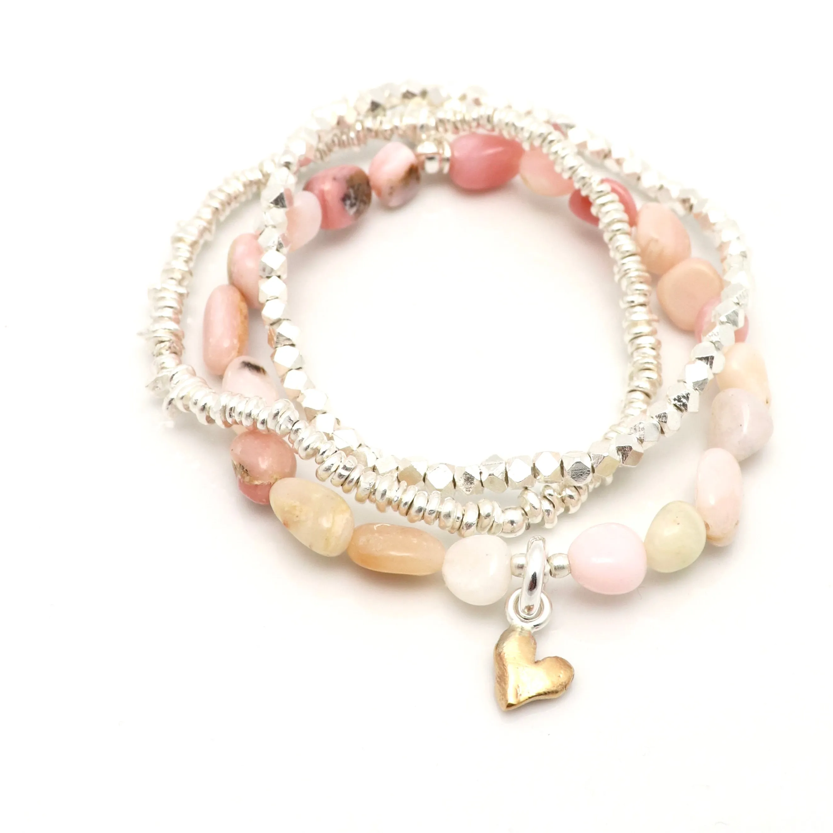 Petite Bronze Heart Pink Opal Nugget Stretch Bracelet