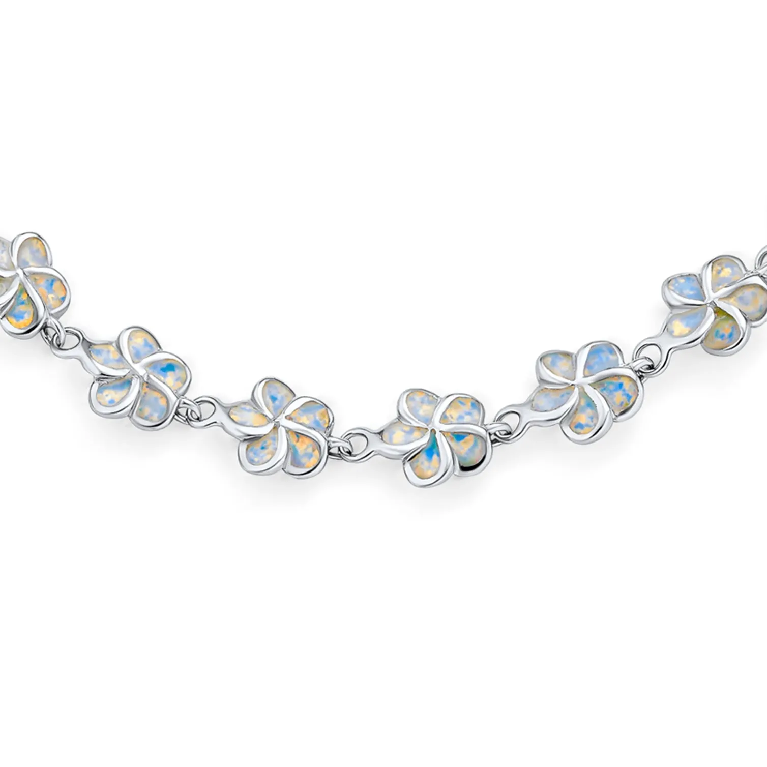 Plumeria Hawaiian Flower White Created Opal Link Bracelet Silver