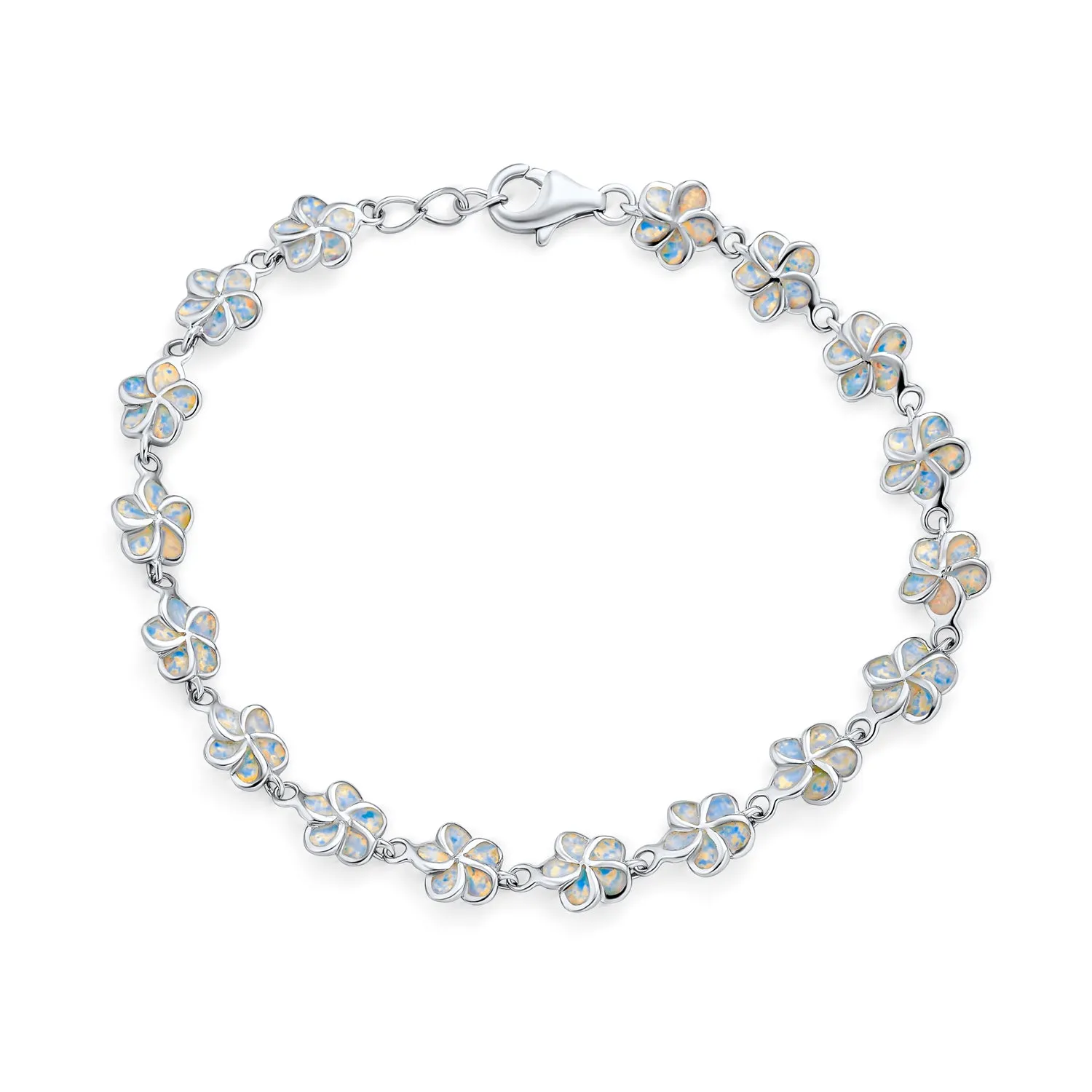 Plumeria Hawaiian Flower White Created Opal Link Bracelet Silver