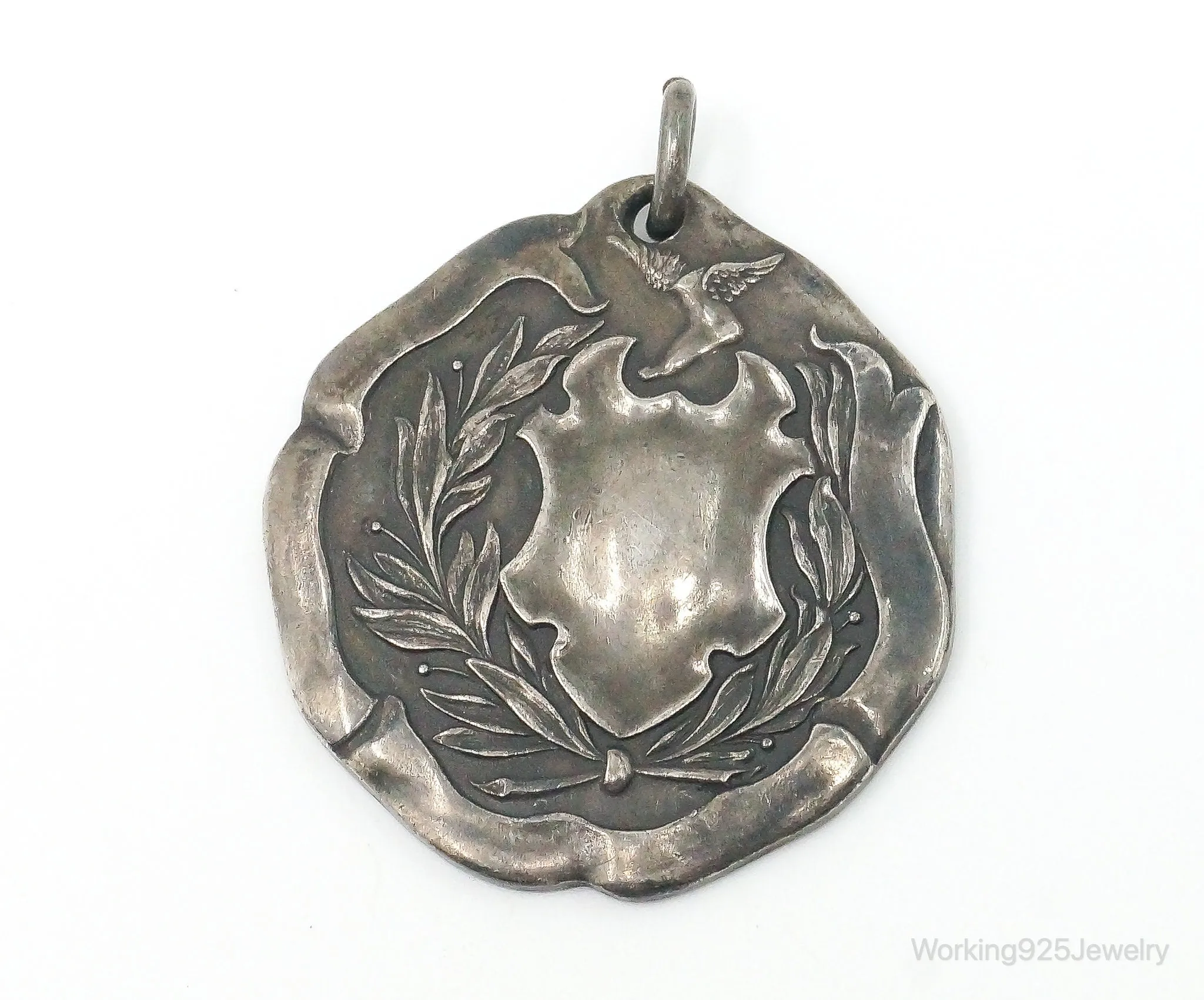 Rare Antique WENDELL & CO Hermes Wreath Shield Sterling Silver Necklace Pendant