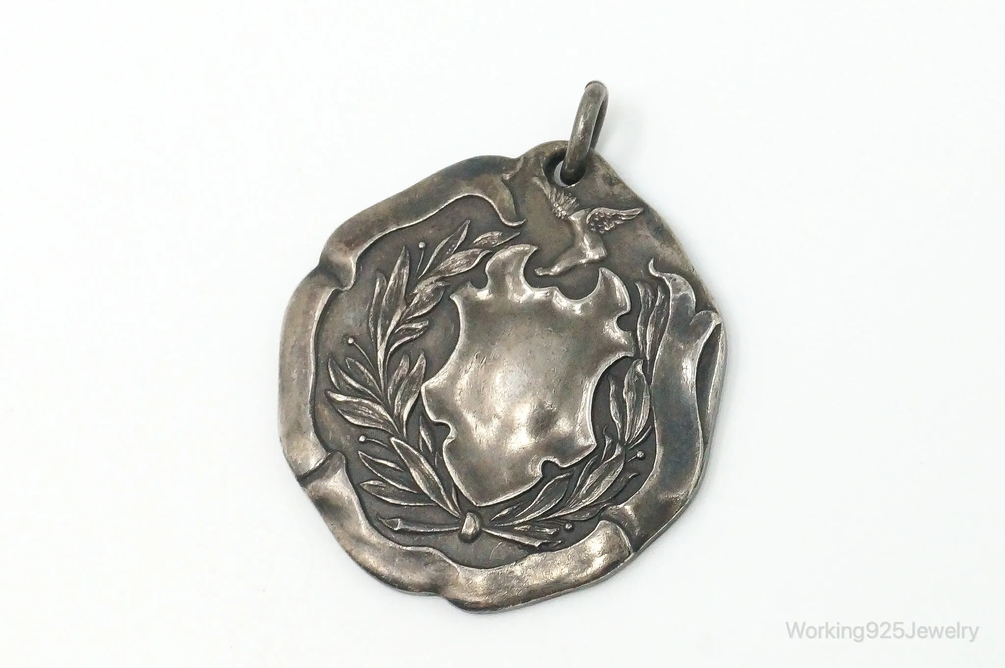 Rare Antique WENDELL & CO Hermes Wreath Shield Sterling Silver Necklace Pendant