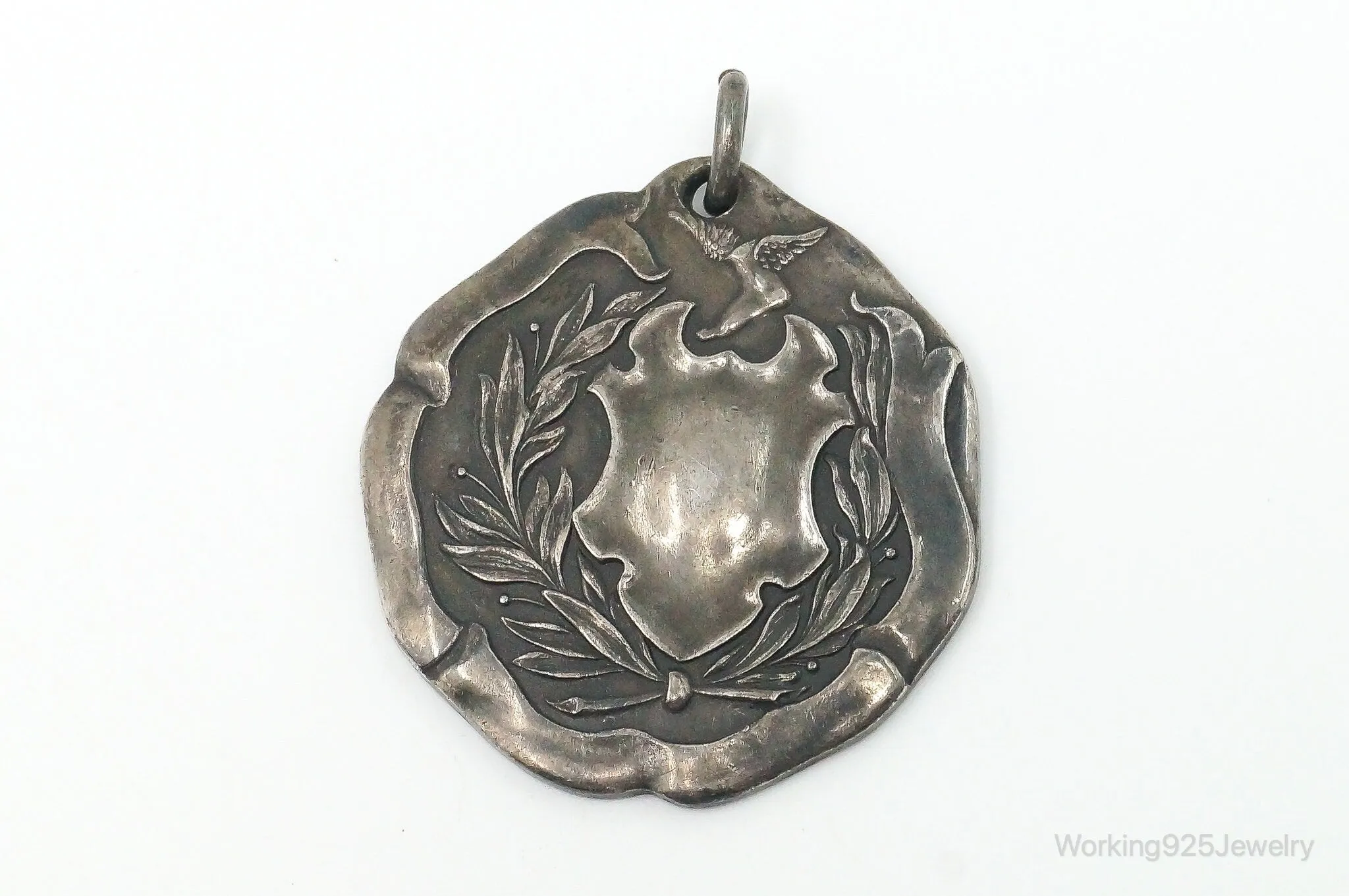 Rare Antique WENDELL & CO Hermes Wreath Shield Sterling Silver Necklace Pendant