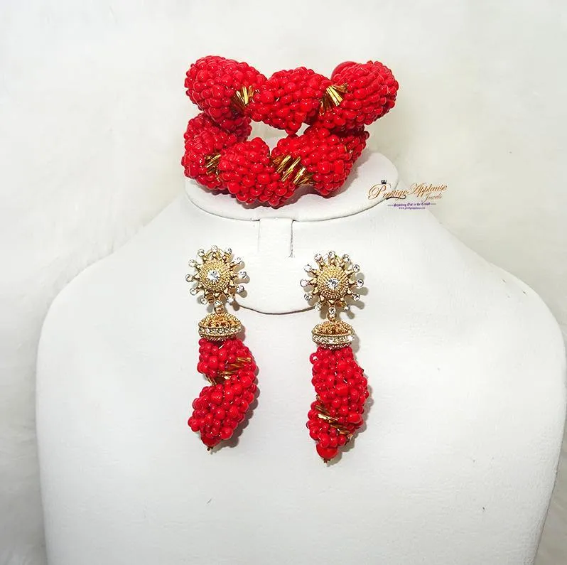 Red Detailed Beaded Bracelet and Earring Beads Jewellery Set