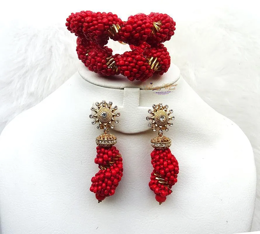 Red Detailed Beaded Bracelet and Earring Beads Jewellery Set