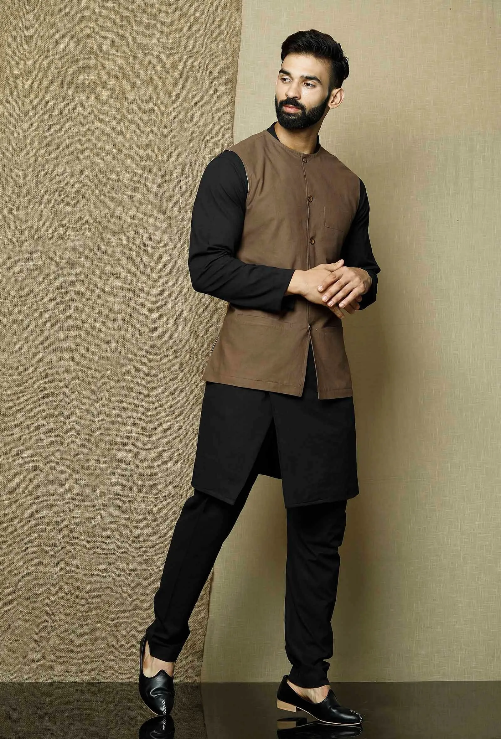 Set of 3: Onyx  Cotton Overlap Kurta and Pyjama with Brown Umber  Cotton Nehru Jacket