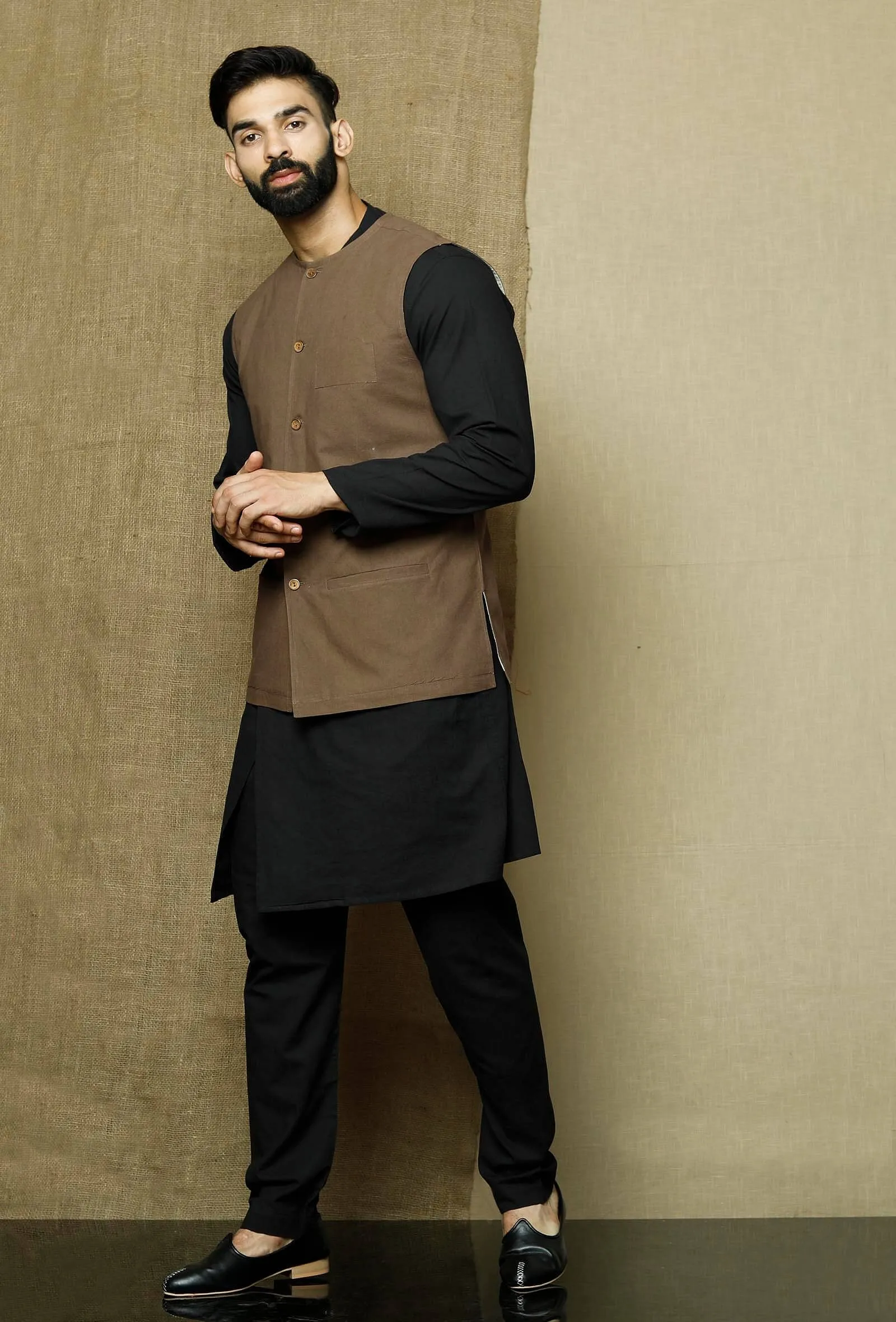 Set of 3: Onyx  Cotton Overlap Kurta and Pyjama with Brown Umber  Cotton Nehru Jacket