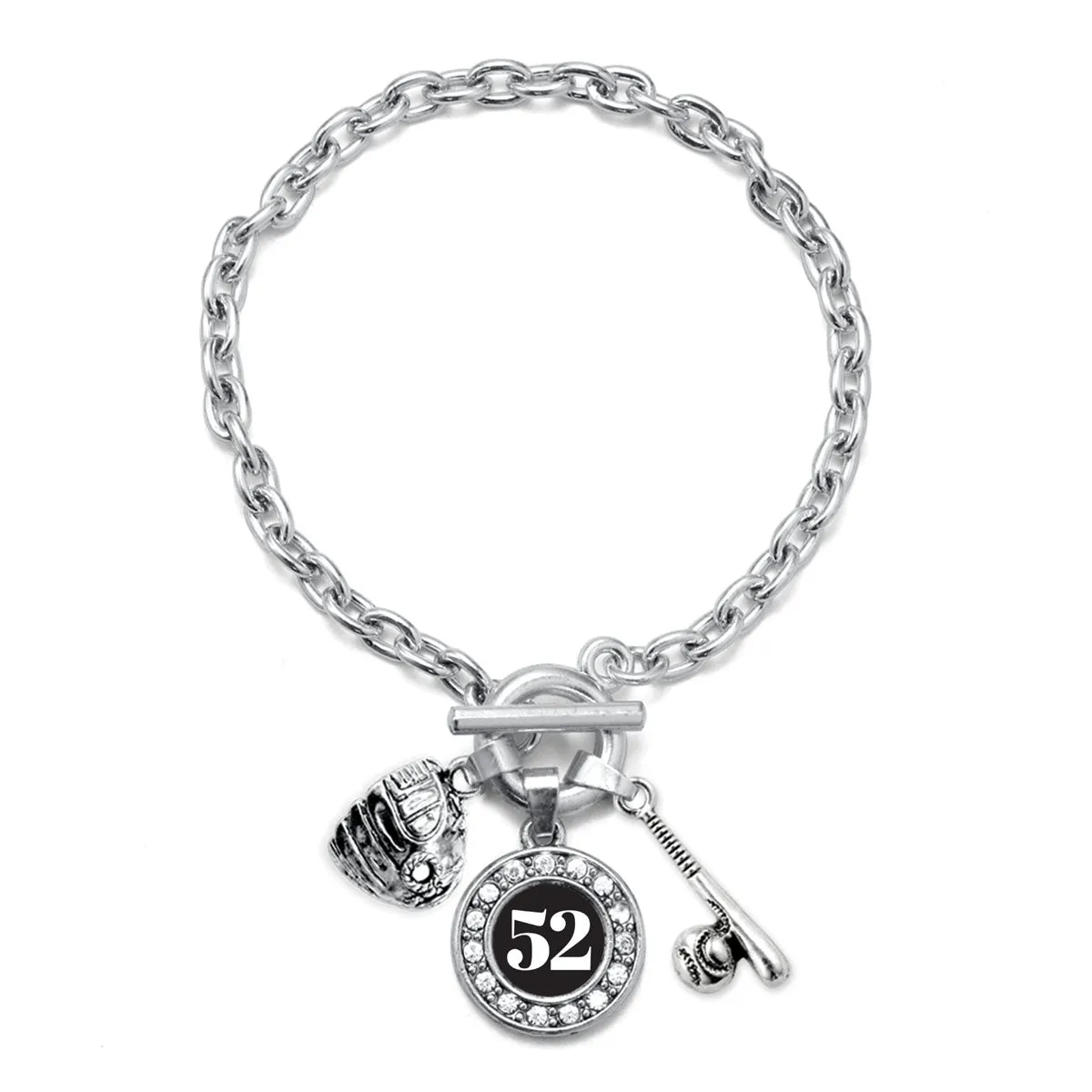 Silver Baseball/Softball - Sports Number 52 Circle Charm Toggle Bracelet