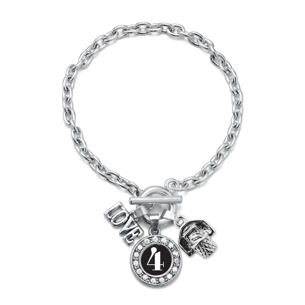 Silver Basketball Hoop - Sports Number 4 Circle Charm Toggle Bracelet