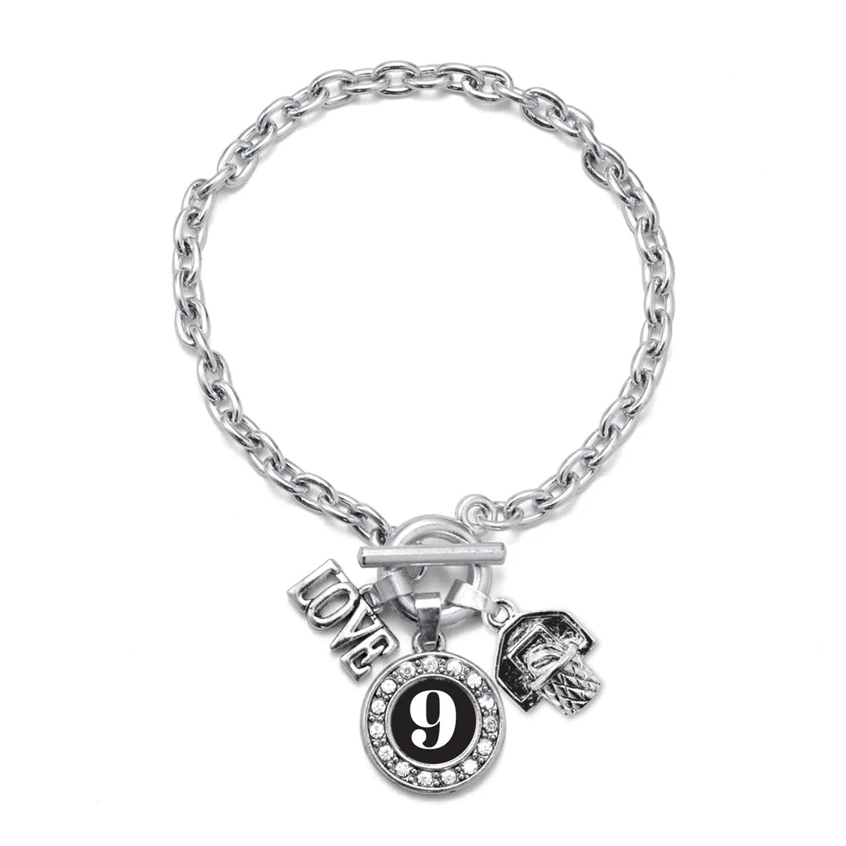 Silver Basketball Hoop - Sports Number 9 Circle Charm Toggle Bracelet