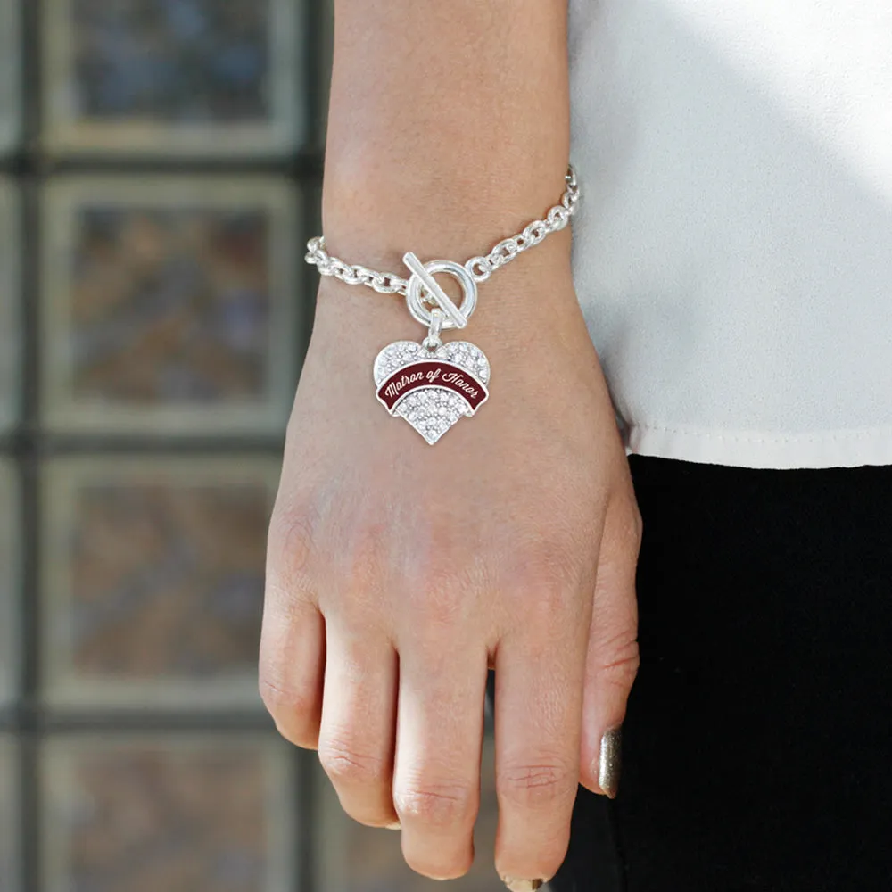 Silver Burgundy Matron of Honor Pave Heart Charm Toggle Bracelet