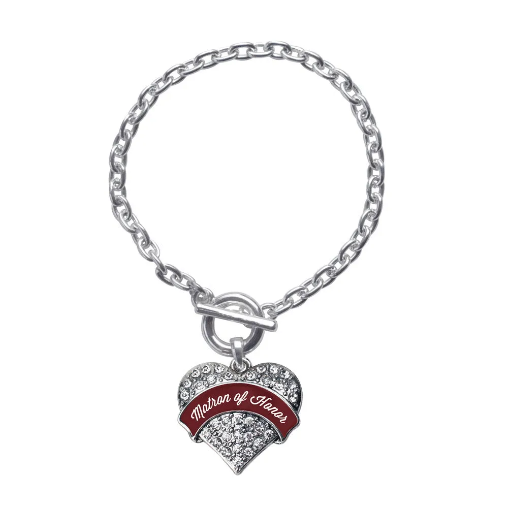 Silver Burgundy Matron of Honor Pave Heart Charm Toggle Bracelet