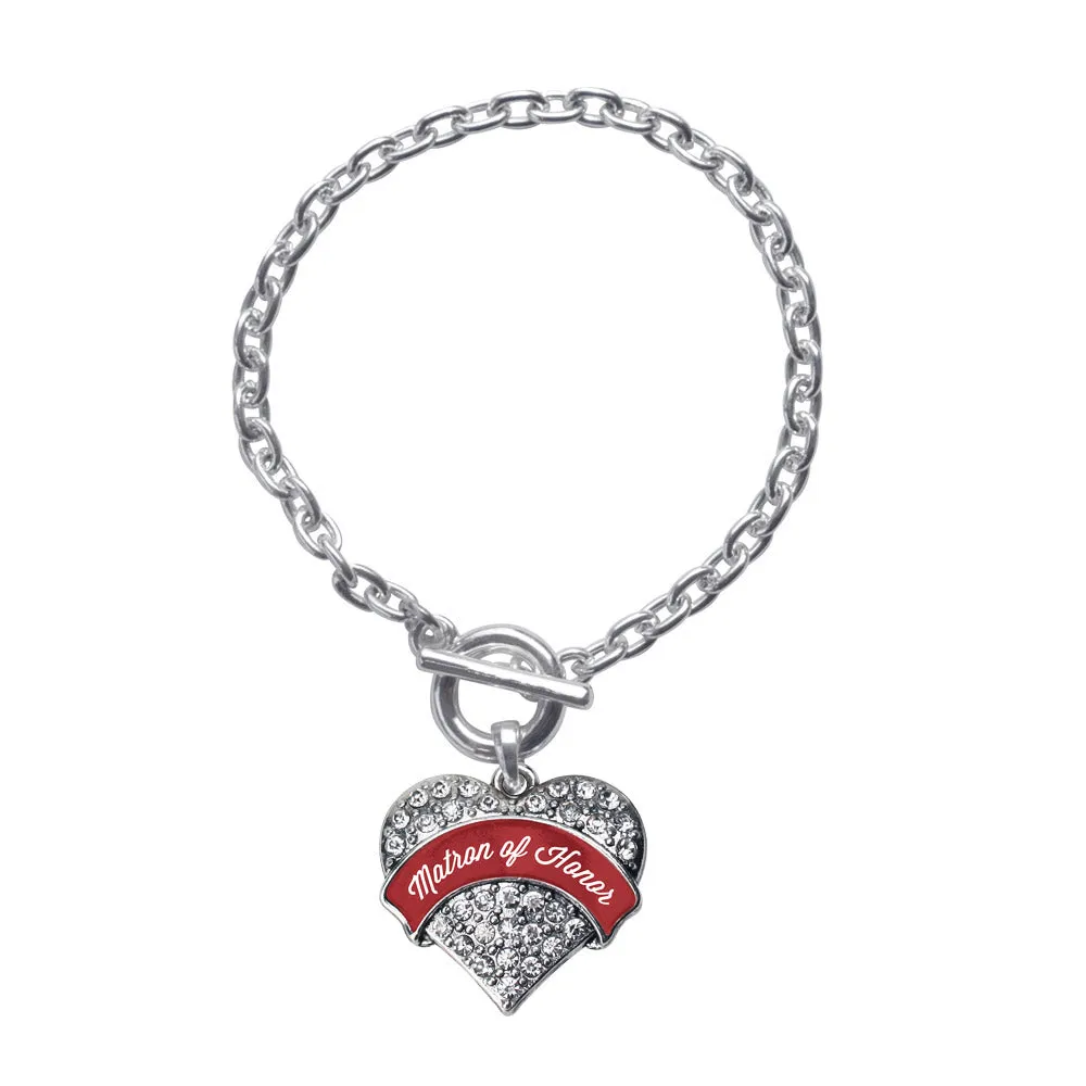 Silver Crimson Red Matron Pave Heart Charm Toggle Bracelet