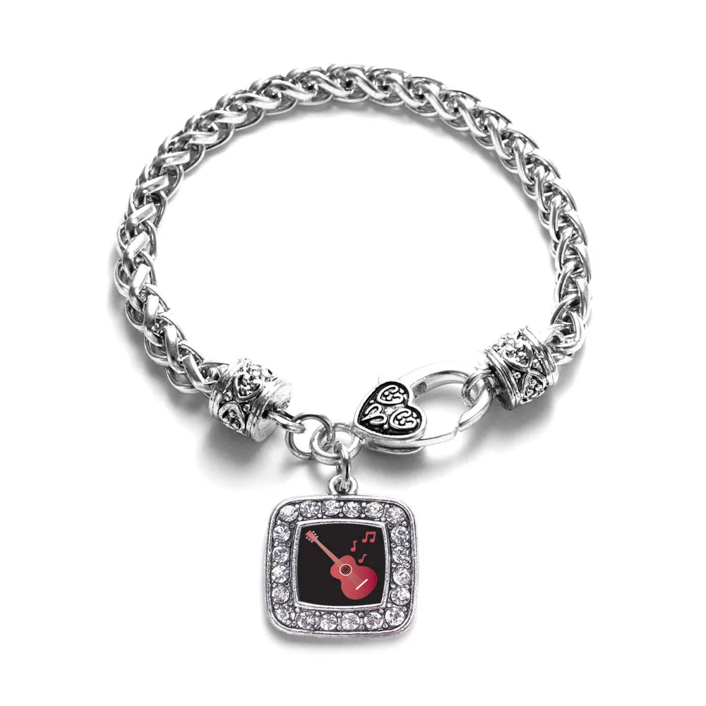 Silver Guitar Lovers Square Charm Braided Bracelet