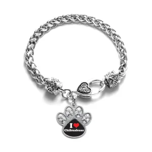 Silver I Love Chihuahuas Pave Paw Charm Braided Bracelet