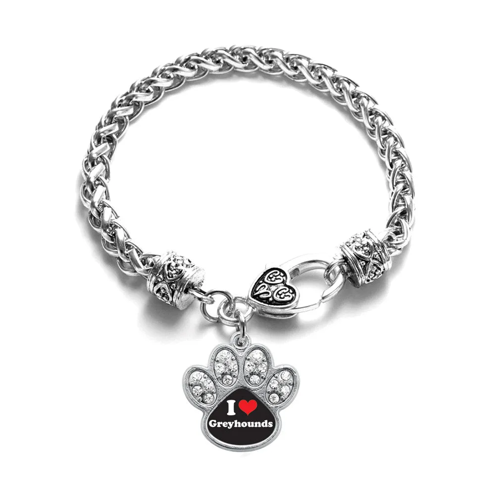 Silver I Love Greyhounds Pave Paw Charm Braided Bracelet