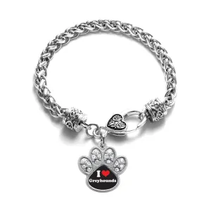 Silver I Love Greyhounds Pave Paw Charm Braided Bracelet